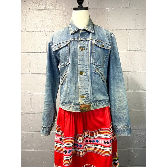 Vtg 1970s Wrangler Beaded Native American Med Wash Denim Jacket Honest Wear - Picture 11 of 16